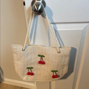 Cherry Embellished Cream Tote Bag